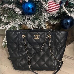 CHANEL Black Quilted Tote with Gold Accents